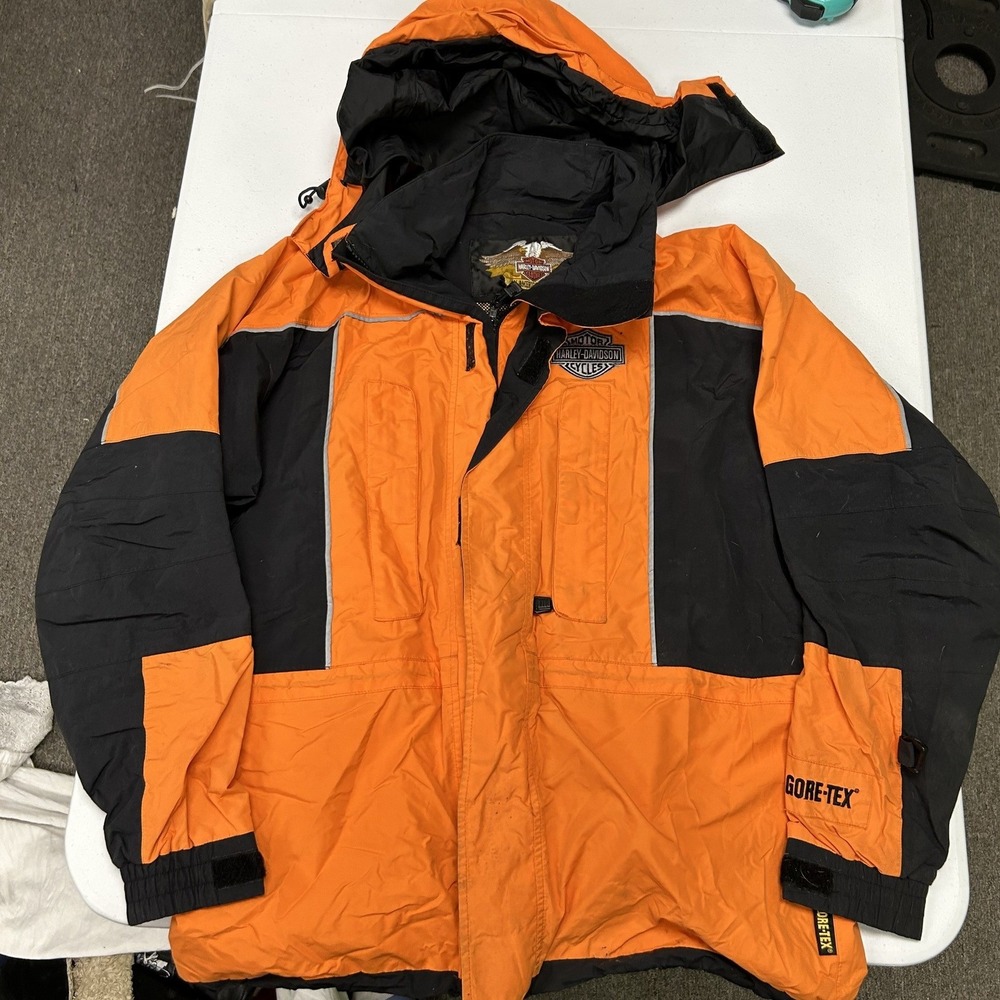 Harley-Davidson Riding Jacket Mens Medium Orange Gore-Tex Hooded Reflective I2